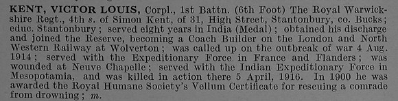 Kent V L Cpl 1st Royal Warwickshire Regiment Obit De Ruvignys Roll Of Honour Vol 4