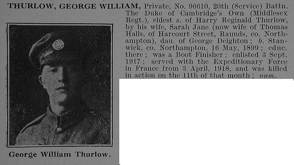 Thurlow G W Pte 96610 20th Middlesex Regiment Obit De Ruvignys Roll Of Honour Vol 3
