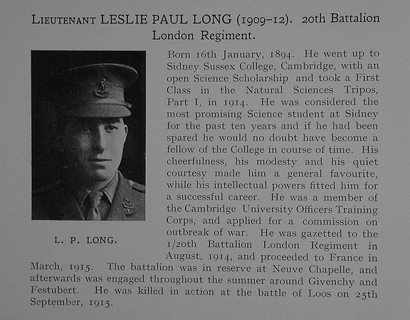 Long L P Lt 20th London Regiment Obit Dulwich College Roll Of Honour