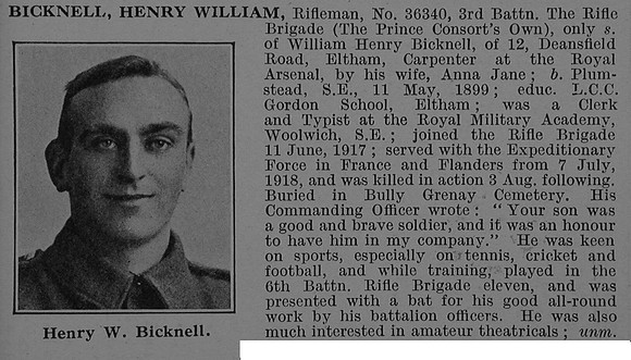 Bicknell H W Rfn 36340 3rd Rifle Brigade Obit De Ruvignys Roll Of Honour Vol 4