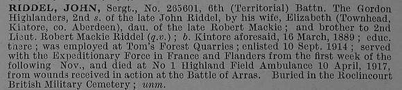 Riddel J Sergt 265601 6th Gordon Highlanders Obit De Ruvignys Roll Of Honour Vol 4