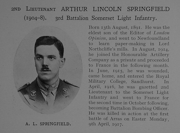 Springfield A L 2nd Lt 3rd Somerset Light Infantry Obit Dulwich College Roll Of Honour