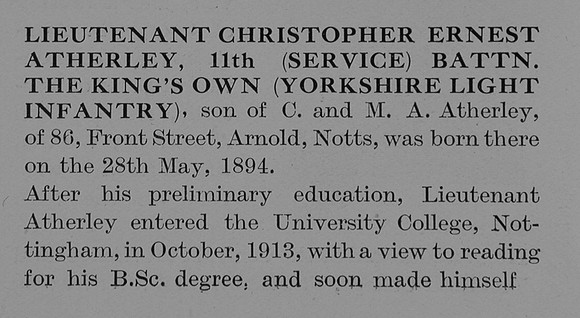 Atherley C E Lt 11th Kings Own Yorkshire Light Infantry Obit Part 1 The Bond Of Sacifice Vol 2