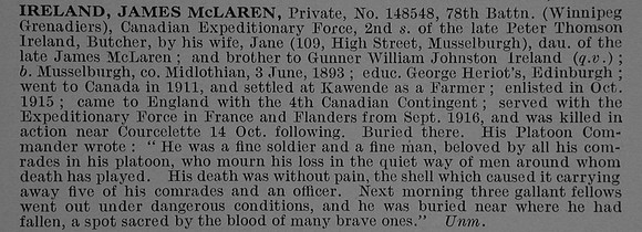 Ireland J M Pte 148548 78th Canadian Infantry (Manitoba Regiment) Obit De Ruvignys Roll Of Honour Vol 4