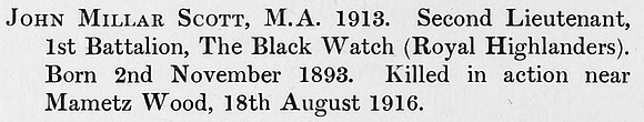 Scott J M 2nd Lt 1st Black Watch Obit St Andrews University Roll Of Honour