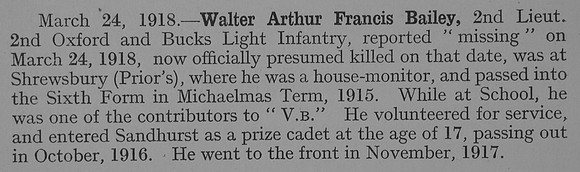Bailey W A F 2nd Lt 2nd Oxford And Bucks Light Infantry Obit Shrewsbury School Roll Of Service