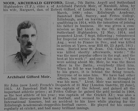 Moir A G Lt 7th Argyll Sutherland Highlanders Obit De Ruvignys Roll Of Honour Vol 1
