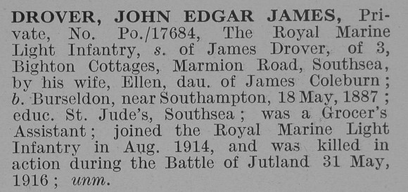 Drover J E J Pte Royal Marine Light Infantry Obit De Ruvignys Roll Of Honour Vol 3