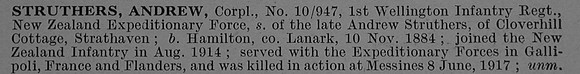 Struthers A Cpl 10/947 1st Wellington Regiment, N.Z.E.F. Short Obit De Ruvignys Roll Of Honour Vol 4