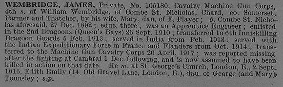 Wembridge J Pte 105180 Cavalry Machine Gun Corps Obit De Ruvignys Roll Of Honour Vol 4