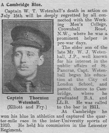 Wetenhall W T Captain 6th Leicestershire Regiment 27th July 1916