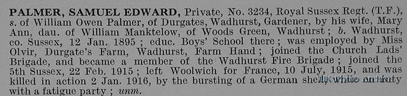 Palmer S E Pte 3234 Royal Sussex Regiment Obit De Ruvignys Roll Of Honour Vol 1