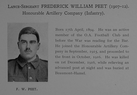 Peet F W LSergt 3621 2nd Honourable Artillery Company Obit Dulwich College Roll Of Honour