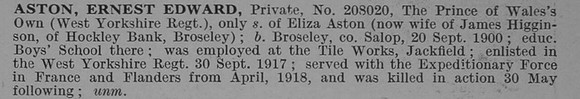 Aston E E Pte West Yorkshire Regiment Obit De Ruvignys Roll Of Honour Vol 4