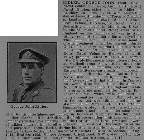 Ridler G J Lt Anson Bn. R.N. Div Royal Naval Volunteer Reserve Obit De Ruvignys Roll Of Honour Vol 4