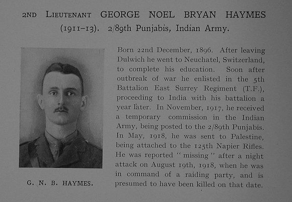 Haymes G N B 2nd Lt Indian Army Obit Dulwich College Roll Of Honour