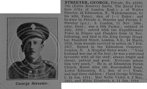Streeter G Pte 42490 7th Royal Fusiliers Obit De Ruvignys Roll Of Honour Vol 4