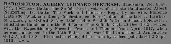 Barrington A L B Bandsman 8647 12th Suffolk Regiment Obit De Ruvignys Roll Of Honour Vol 4