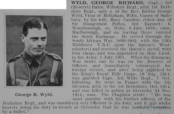 Wyld G R Captain 3rd Wilstshire Regiment Attd 1st Royal Berkshire Regiment Obit De Ruvignys Roll Of Honour Vol 1