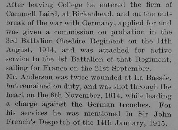 Anderson G R L 2nd Lt Cheshire Regiment Obit Part 3 The Bond Of Sacrifice Vol 1