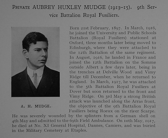 Mudge A H Pte 48733 9th Royal Fusiliers Obit Dulwich College Roll Of Honour