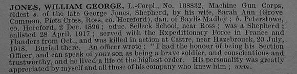 Jones W G L/Cpl 108832 Machine Gun Corps Obit De Ruvignys Roll Of Honour Vol 4