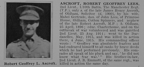Ascroft R G L 2nd Lt 10th Manchester Regiment Obit