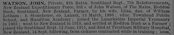 Watson J Pte 9/1369 8th Southland Regiment Obit De Ruvignys Roll Of Honour Vol 4