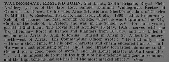 Waldergrave E J 2nd Lt Royal Field Artillery Obit De Ruvignys Roll Of Honour Vol 4