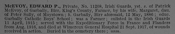 McEvoy E P Pte 11208 2nd Irish Guards Obit De Ruvignys Roll Of Honour Vol 4