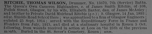 Ritchie T W Drummer 13670 7th Cameron Highlanders Obit De Ruvignys Roll Of Honour Vol 4