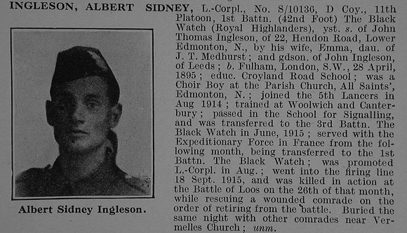 Ingleson A S L/Cpl S/10136 1st Black Watch Obit De Ruvignys Roll Of Honour Vol 4