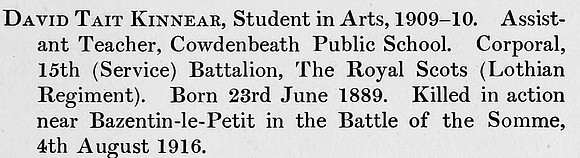 Kinnear D T Cpl 15th Royal Scots Obit St Andrews University Roll Of Honour