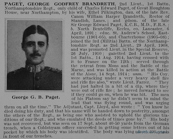 Paget G G B 2nd Lt 1st Northamptonshire Regiment Obit De Ruvignys Roll Of Honour Vol 1