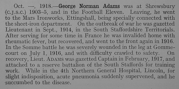 Adams G N Captain 6th South Staffs Regiment Obit Shrewsbury School Roll Of Service