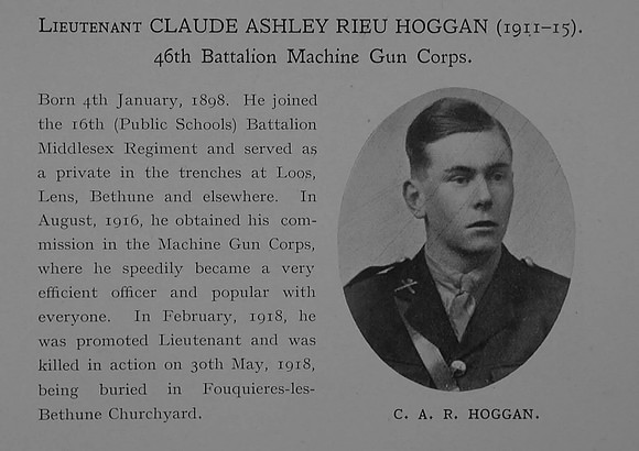 Hoggan C A R Lt Machine Gun Corps Obit Dulwich College Roll Of Honour