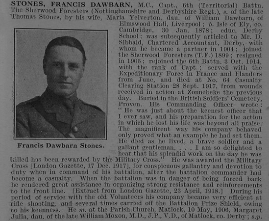 Stones F D Captain MC 6th Notts & Derby Regiment Obit De Ruvignys Roll Of Honour Vol 3