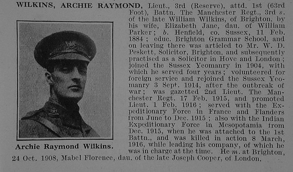 Wilkins A R Lt 1st Manchester Regiment Obit De Ruvignys Roll Of Honour Vol 3