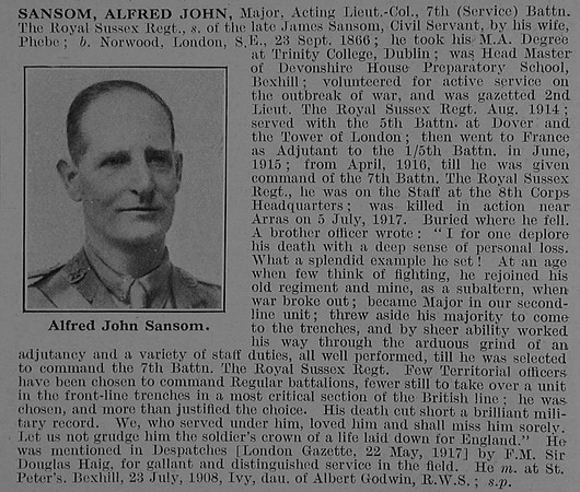 Sansom A J Major Acting Lt Col 7th Royal Sussex Regiment Obit De Ruvignys Roll Of Honour Vol 3