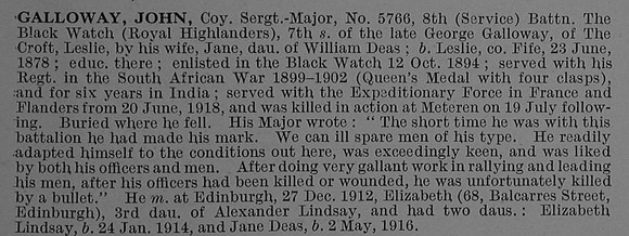 Galloway J Coy Sergt Major 5766 8th Black Watch Obit De Ruvignys Roll Of Honour Vol 4