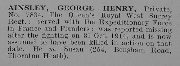 Ainsley G H Pte 7832 Queens Royal West Surrey Regiment Obit
