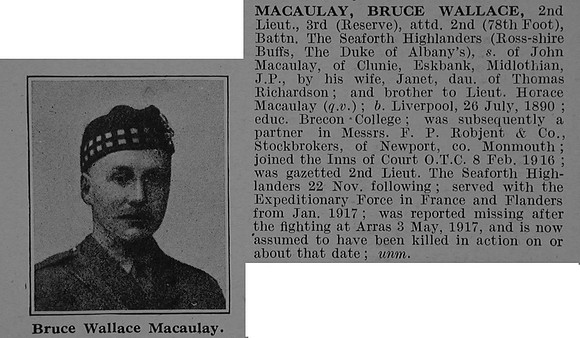 Macaulay B W 2nd Lt 2nd Seaforth Highlanders Obit De Ruvignys Roll Of Honour Vol 4