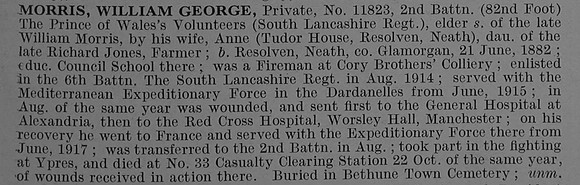 Morris W G Pte 11823 2nd South Lancashire Regiment Obit De Ruvignys Roll Of Honour Vol 4
