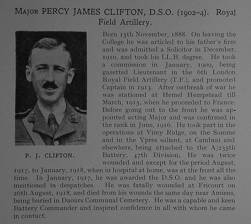 Clifton P J Major RFA Obit Dulwich College Roll Of Honour