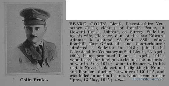 Peake C Lt Leicestershire Yeomanry Obit De Ruvignys Roll Of Honour Vol 1