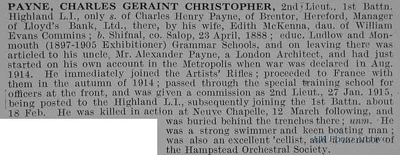 Payne C G C 2nd Lt 1st Highland Light Infantry Obit De Ruvignys Roll Of Honour Vol 1