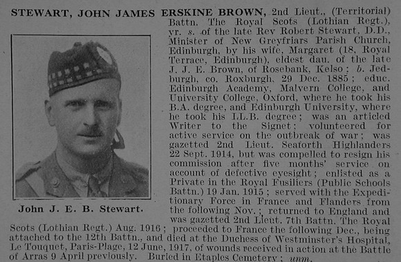 Stewart J J E B 2nd Lt 7th Attd 12th Royal Scots Obit De Ruvignys Roll Of Honour Vol 3