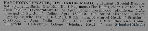 Haythornthwaite R M 2nd Lt 2nd East Kent Regiment Obit Part 1