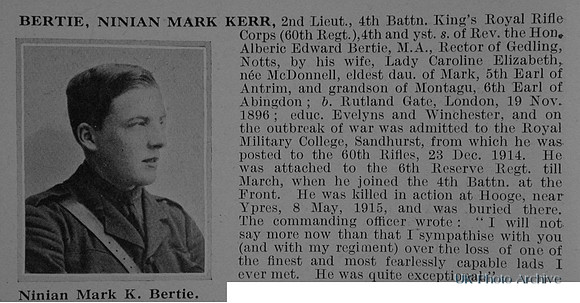 Bertie N M K 2nd Lt 4th Kings Royal Rifle Corps Obituary De Ruvignys Roll Of Honour Vol 1