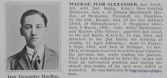 MacRae I A 2nd Lt 3rd Attd 2nd Kings Own Scottish Borderers Obit